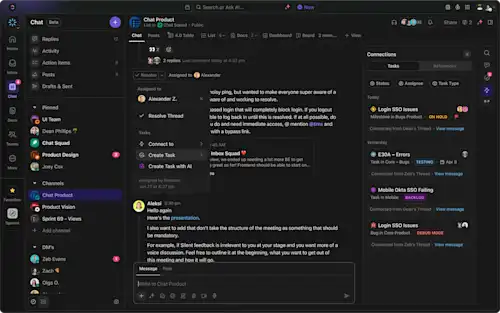 Chat product - image of list in chat squad public. conversation in clickup happening in the chat feature